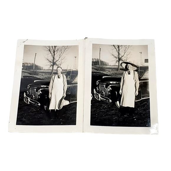 Vtg B & W Photo 1940s Man in Front of Car Big Hat Apron Portrait Snapshot - Picture 1 of 6